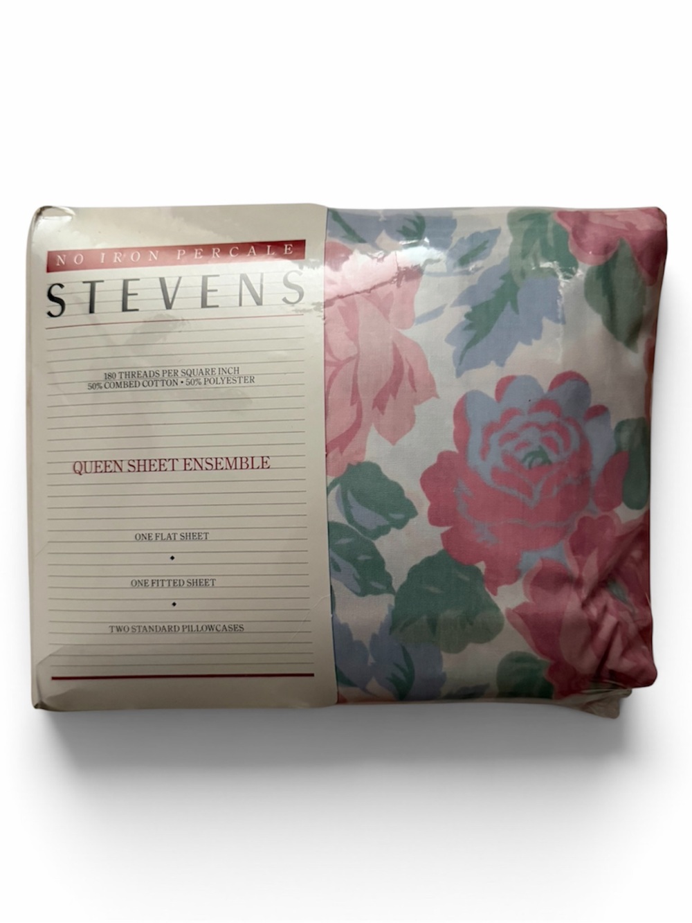 Vintage Stevens Pink Green Floral No Iron Percale Queen Sheet Set Ensemble
